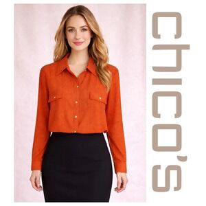Chico's Orange Animal Print Button Down Long Sleeve Blouse Shirt Size (3) XL